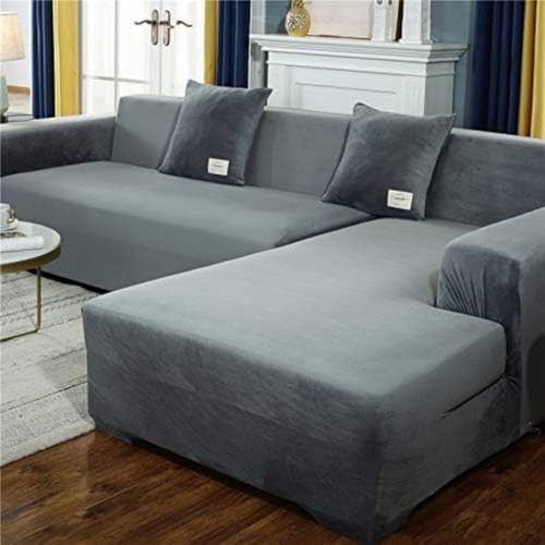 OKJK Verdickte Plüsch sofabezug, mit Kissenbezug für Wohnzimmer L-Form Chaiselongue-Sofa (2 Stück zu bestellen), elastische rutschfeste sofaüberwurf (Light Sliver,3-Seater 190-230cm)