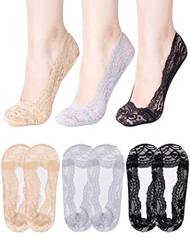 MELLIEX 6 Paar Damen Unsichtbare Socken, Füßlinge Spitze Ballerina Söckchen Frauen Halbsocken mit Rutschfest Silikon(Größe 34-38)