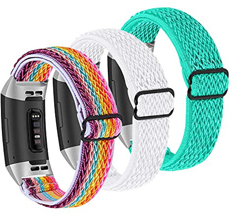 Ginamart Sportarmband kompatibel mit Fitbit Charge 4/Charge 3/Charge 3 SE Armband, weiches, atmungsaktives Nylongewebe, elastisches Ersatzarmband für Damen und Herren, Nylon (Regenbogen+Weiß+Grün)