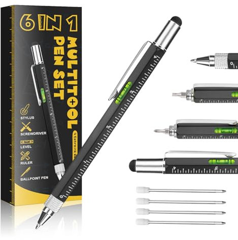 Stylos 6 en 1 pour homme - Outil multifonction EDC - Gadget unique pour Noël, la Saint-Valentin, la fête des pères, un anniversaire - Noir