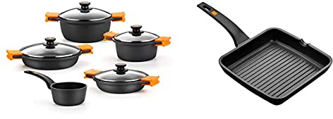 BRA Efficient Batería 5 piezas, de aluminio fundido con antiadherente + A271428 Efficient Grill Asador con Rayas, Aluminio Fundido con Antiadherente Platinum Plus