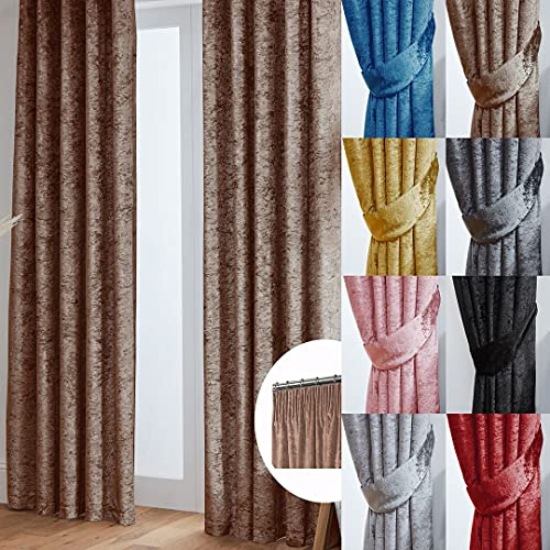 John Aird Crushed Velvet Fully Lined Pencil Pleat Curtains (Mocha, 90 Wide x 108 Drop)