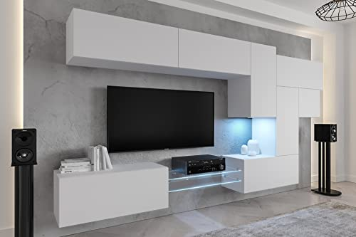 Furnitech Wohnwand Wohnzimmer | Wohnzimmer Möbel mit LED Blau | Hängend Wohnwand Modern | Wohnzimmer Schrankwand mit Regale und TV Schrank (AN92NEW-21W-M4)