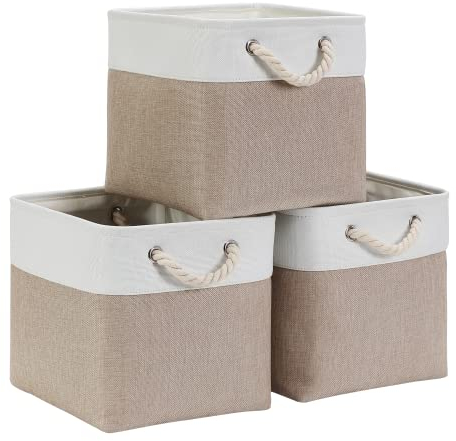 Mangata Aufbewahrungsbox 28x28x28 cm, Aufbewahrungskorb mit Griff, Aufbewahrung Korb Stoff für Regal, Schrank, und Kleidung (Faltbare, Helles Khaki Weiß, 3er Set)