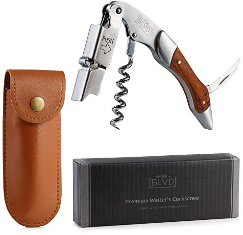 M&R Blvd. Tire-bouchon de serveur avec gaine en cuir végétalien – Qualité professionnelle, clé à vin de luxe – Levier à ressort breveté Ouverture facile – Coupe-capsule, décapsuleur de bière – Coffret
