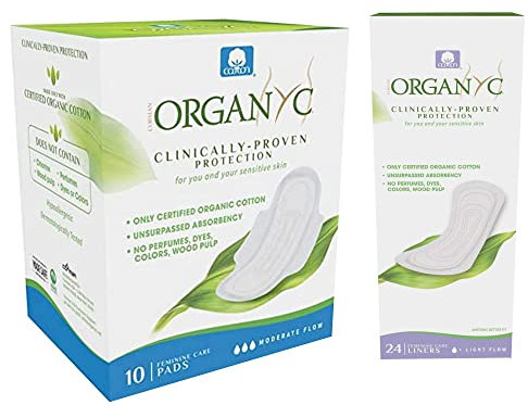 Organyc Organ(y) c, Flache Slipeinlagen aus 100% zertifizierter Bio-Baumwolle & Organ(y) c, Hygienebinden für den täglichen Gebrauch mit gefalteten Flügeln aus 100% Bio-Baumwolle - 10er-Packung