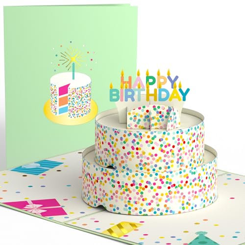 Lovepop® 3D Pop-Up Karte Geburtstag bunte Konfetti-Torte Geburtstagskarte Kuchen mit Streuseln birthday cake card | inkl. Umschlag & Versteckfach für Geld & Gutscheine