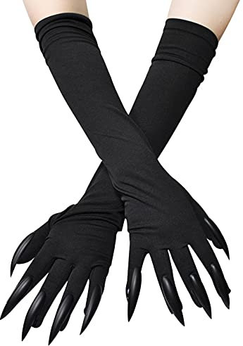 Unisex Halloween Animal Cosplay Costume Cat Paw Claw Wolf Gloves with Long Pointed Fingernails Elbow Length Funny Ghost Witch Gloves Hand Mittens for Halloween Cosplay Party Fancy Dress