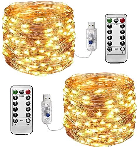 Lezonic Fairy Lights Waterproof, 2 Pack120 LED 40ft Fairy Lights with USB Plug Powered, 8 Modes Remote Timer Indoor/Outdoor Copper Wire Lights for Bedroom, Wedding, Party Decoration (Warm White)