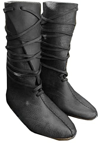 Mittelalter Stiefel PU Leder Schnürstiefel Renaissance Mittelalter Cosplay Stiefel Renaissance Ritter Stiefel Flache Herren Stiefel Retro Festival LARP Schuhe für Cosplay, Black43