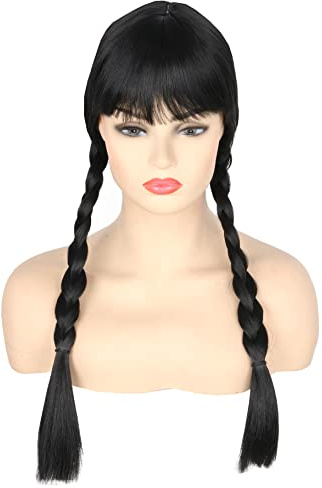 Topcosplay Lange Schwarz geflochtene Zöpfe Perücke Cosplay Perücke Kostüm Perücke für Halloween Karneval (Schwarz-Erwachsene mit Pony)