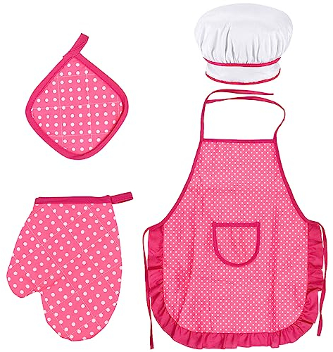 Cozlly Kinder Schürze und Kochmütze Set - Kochschürze Mit Taschen, Elastische Backen Kochmütze, Kochhandschuh, Isolierpads - Koch Kostüm für Küche, Kochen, Backen, Malerei Role Play, 3-8 Jahre