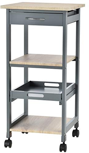 HOMCOM Carrello da Cucina Portavivande con Cassetto, 2 Ripiani e Vassoio Estraibile, Isola da Cucina in Legno 37x37x76cm, Grigio
