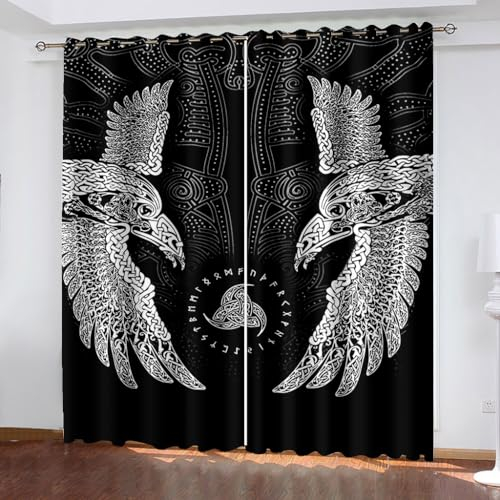 WIKINGER Vorhang mit ösen 2er Set B 140 X H 160 cm 3D Rabe Gardinen Blickdicht Kälteschutz Schallschutz Verdunkelung Wärmeisolierende Vorhänge für Wohnzimmer Schlafzimmer
