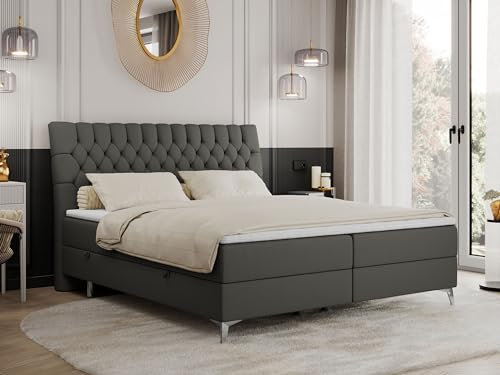 MKS MEBLE Boxspringbett 140x200 mit 2 Bettkästen Matratze und Topper, Polsterbett 140x200, Bett 140x200 - Milen - 140x200cm - H3 Dunkelgrau Kunstleder