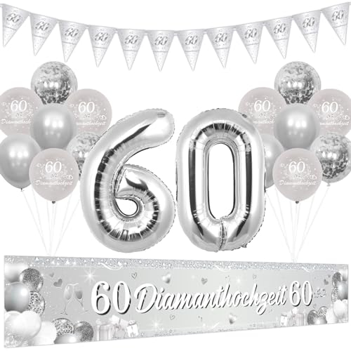 Cheereveal Diamant Hochzeit Dekoration, 60 Rubinhochzeit Hofbanner, Silber Nummer 60 Folienballons, Wimpel Flagge, Alles Gute zum 60. Hochzeitstag, Diamant Hochzeit Partybedarf Deko für Paar Eltern