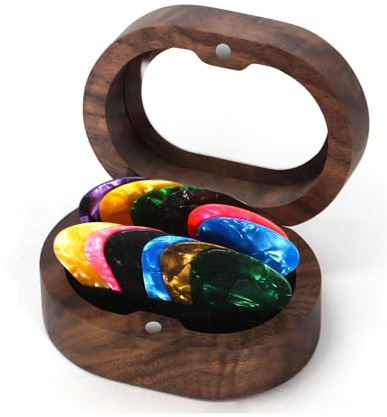 12 Stück Hochwertige Plektrum,Plectren Gitarre mit Nussbaum Plektrum Halter | Zelluloid Guitar Picks in 3 Stärken für Bass E-Gitarre, Ukulele, Akustikgitarre, Plektron für Gitarren Zubehör