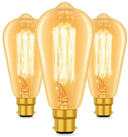Caldarax 3 Pack Bayonet Vintage Edison Light Bulbs, ST64 Edison Bulb, B22 Retro Filament Light Bulbs, Amber Warm White 2700K, 400LM, Industrial Style Antique Bulb, Decorative Light Bulbs