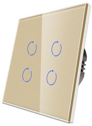CNBINGO Interruptor de luz táctil, interruptor de luz dorado, panel de vidrio templado con retroiluminación LED, no requiere cable neutro, 4 bandas de 1 vía, CA 240 V 500 W/pandilla