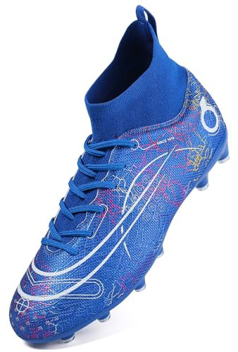 Dhinash Boys' Football Boots Kids Astro Turf Trainers Spikes Football Shoes Girls Cleats Soccer Shoes Junior Sports Outdoor Athletic Sneakers Unisex W028 Blue 4UK
