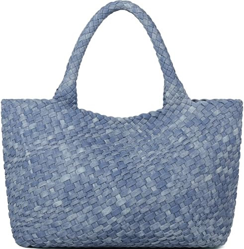 Queenoris Gewebte Tasche für Damen, modische Schultertasche mit Tragegriff oben, veganes Leder, große Reisetasche, Denimblue, Medium