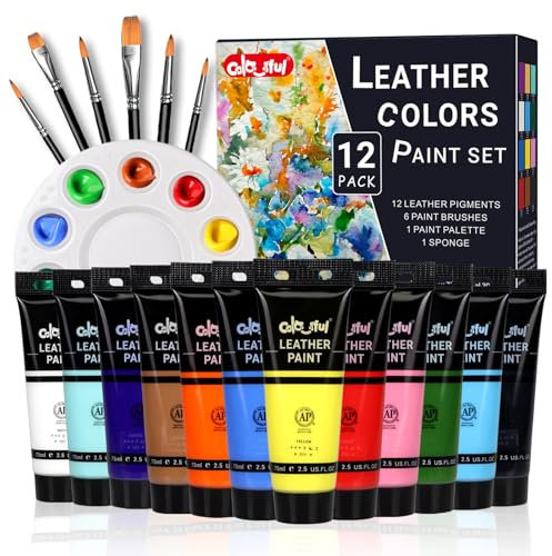 Colorful Juego de pintura de cuero acrílico para pintura de zapatos, paquete de 12 unidades, 2,5 oz, pintura de cuero para decoración de bolsos y carteras, cuidado de chaquetas de cuero, manualidades