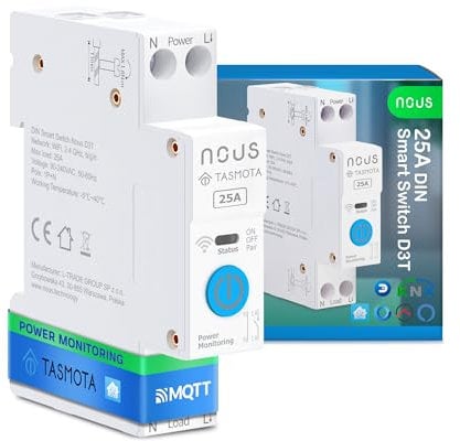 Nous Interruptor DIN inteligente 25 A con Tasmota (ESP32), monitoreo de energía, compatible con MQTT, Home Assistant, Matter, control por voz con Alexa, Google Assistant