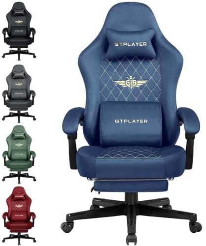 GTPLAYER Silla Gaming Sillón Gaming Tela Silla Gamer Ergonómica Oficina Silla PC, 150 kg, Silla de mesa regulable y giratoria con cojín de asiento con muelles y reposapiés, Azul