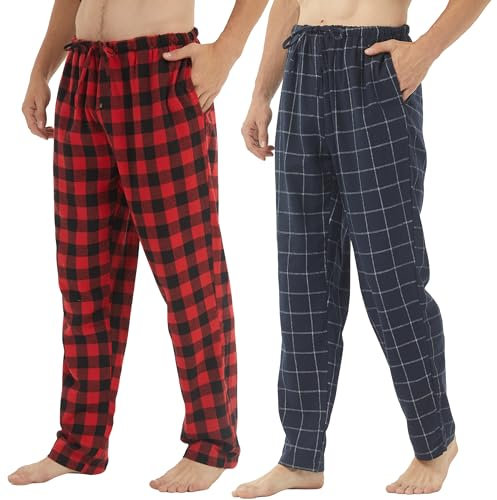 BEGIANT Pack de 2 ou 3 Pantalons Pyjama Homme Hiver Flanelle Coton Doux et Chaud à Carreaux Boutonnière Poches Confortable Lounge,Carreaux bleu marine + Plaid rouge,M