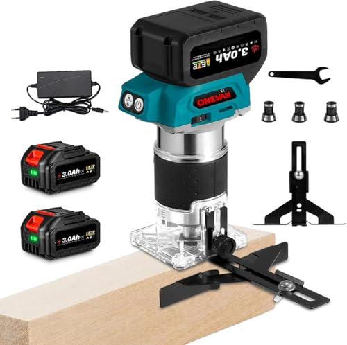 ONEVAN Akku Oberfräse Kantenfräsen Set, Bürstenlos Holzfräse Router Fräsmaschine mit Tauchsockel, Kunststoffschutzsockel und 3 Spannzange Ø 6mm, 6.35mm, 8mm (inkl. 2 3.0Ah Akkus und Ladegerät)
