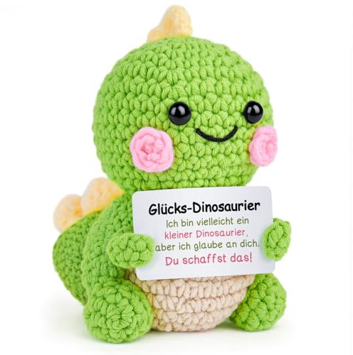 Giftasy Glücksbringer - Handgestrickter Deko-Glücks-Dino mit Energiekarte, Du schaffst das Geschenk, Mutmacher Geschenk, Motivationsgeschenk