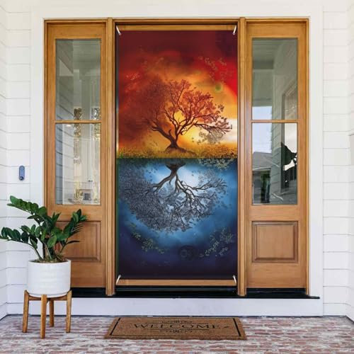 Vier-Jahreszeiten-Baum des Lebens, Türabdeckung, Dekoration, Banner, festliche Dekoration, Stoff, Halloween, Weihnachten, Veranda, hängende Dekoration, 90 x 185 cm, faltbares Terrassen-Party-Banner