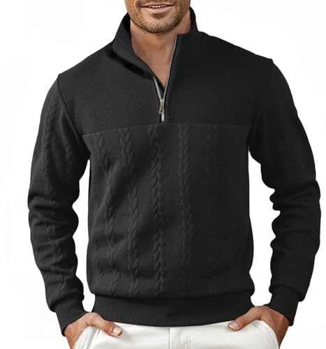 Halfword Maglione Uomo Zip Collo Alto Sweatshirt Con Scollo A V Maglione A Maglia Manica Lunga Leggero Pullover Da Lavoro, Nero , 3XL