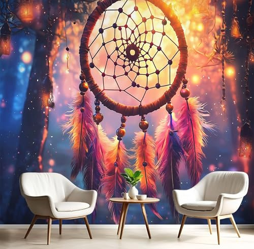 Fototapeten Wald-Traumfänger 3D Design Tapete, Fantasy-Kunst Fototapeten Seidenstoff Tapeten Orange Blau Wandtapete, Tv Tapeten Wohnzimmer Wandtapete Poster Bilder, 250x175cm (B×H)