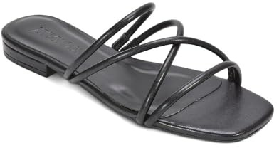 ESSEX GLAM Women's Strappy Slider Ladies Synthetic Leather Flat Slip On Square Toe Summer Casual Holiday Mule Sandals Size 3-8