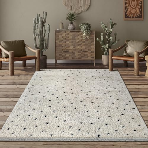 the carpet Bahar Kids Langflor Teppich fürs Kinderzimmer, Punkte Muster in Creme-Schwarz, Weich & Pflegeleicht, Spielteppich, Punkt Muster Creme-Schwarz 80 x 150 cm