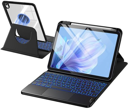 drivego 360° Rotation Case with Keyboard for iPad A16 11th/10th Gen, Black | 7 Color Backlit Wireless Trackpad Magnetic Detachable Keyboard, Cover for iPad 11 Generation 11 2025/10th Gen 10.9 inch 2022