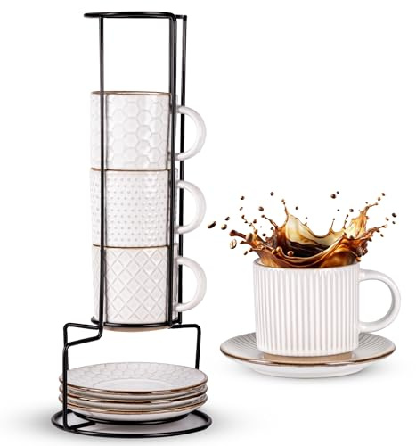 GBhome 180 ml stapelbare Kaffeetassen und Untertassen mit Ständer, Keramik-Kaffeetassen mit Strukturmustern für Mann, Frau, Vater, Mutter, Tassen-Set mit 4 Stück für Latte/Cappuccino/Kakao