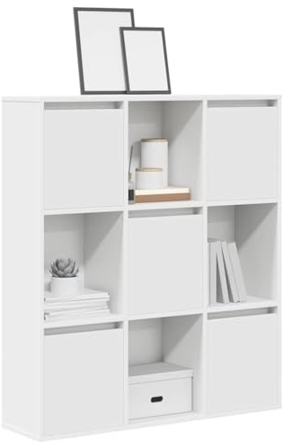 Homvdxl Breites Bücherregal mit 9 Würfeln, 3-stöckiges industrielles Bücherregal mit 5 Türen, freistehender Bücherschrank für Wohnzimmer, Schlafzimmer, Küche, Büro (Weiß)