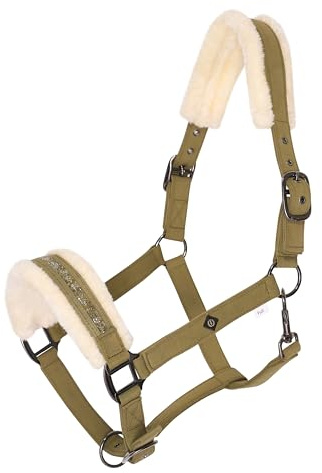 Imperial Riding Halfter IRHJewel – Glamouröses Softshell-Halfter mit Kunstfellpolsterung & Strasssteinen, verstellbar, Komfortables Pferdehalfter für Stall, Training & Weide, Olivgrün, Full