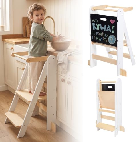 KYWAI® Lernturm ab 1 Jahr Klappbar, Lernturm Klappbar mit 2 Höhen, Abnehmbarer Tafel, nordisches Design, Kippschutz – FSC-Holz – Marke mit Engagement für globale Wiederaufforstung
