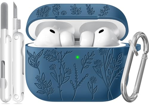 Joremx Silikon Niedliches Grasmuster Hülle (Seeblau-für AirPods Pro 3) | Case mit entzückendem lasergraviertem Pflanzenmuster, Damen & Mädchen Schutzhülle, inkl. Reinigungsset & Schlüsselanhänger