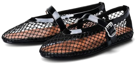 Barley Direct Mesh Ballet Flats for Women Fishnet Ballerina Flats Buckle Strap Mesh Ballet Shoes Wide Width Casual Summer Dress Flat Shoes(Black,5K-39)