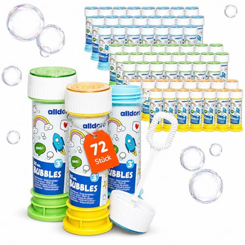 alldoro 68789 Seifenblasen 72er Set mit Murmel-Labyrinth im Deckel & Pustestäbchen, je 55 ml, Rainbow-Bubbles für Geburtstag & Hochzeit, ab 3 Jahre