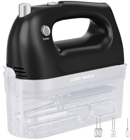 Lord Eagle 400W Hand Mixer Electric Whisk 5 Speed for Baking Cake | Handheld Mixer for Egg Cream Food Beater, Turbo Boost/Self-Control Speed + Eject Button + 5 Accessories, Black