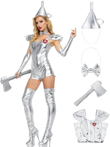 AYYOHON Tin Costume Women Halloween Cosplay Silver Metallic Bodysuit Funnel Hat Fake Axe Heart Clock Pin Sleeves Bow Tie Set S