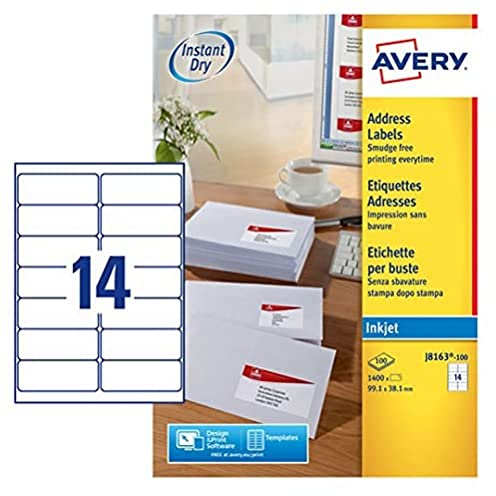 AVERY Zweckform schnelltrocknende Adressetiketten für Tintenstrahldrucker 14 pro Blatt 99,1 x 38,1 mm 1400 Etiketten weiß