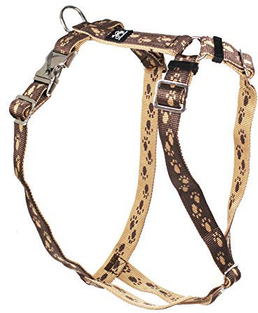 Feltmann Premium Hundegeschirr mit Alu-Max®-Metall-Steckschlössern, Soft-Nylonband braun, beige Pfötchen 50-65 cm, 20 mm