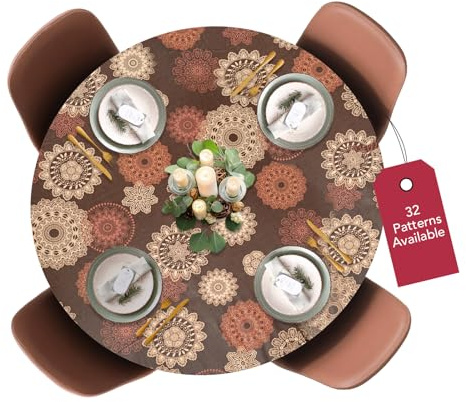 Covers For The Home Deluxe Elastic Edged Flannel Backed Vinyl Fitted Table Cover - Medallion Pattern - Large Round - Fits Tables up to 45 - 56 Diameter