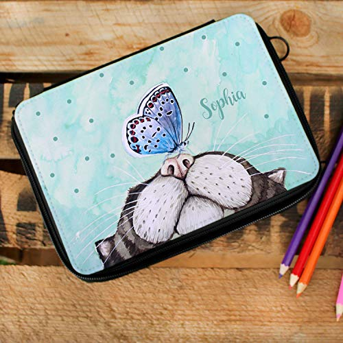 ilka parey wandtattoo-welt Gefüllte Federtasche Federmappe Federmäppchen mit Katze Schmetterling und Name Wunschname fm136